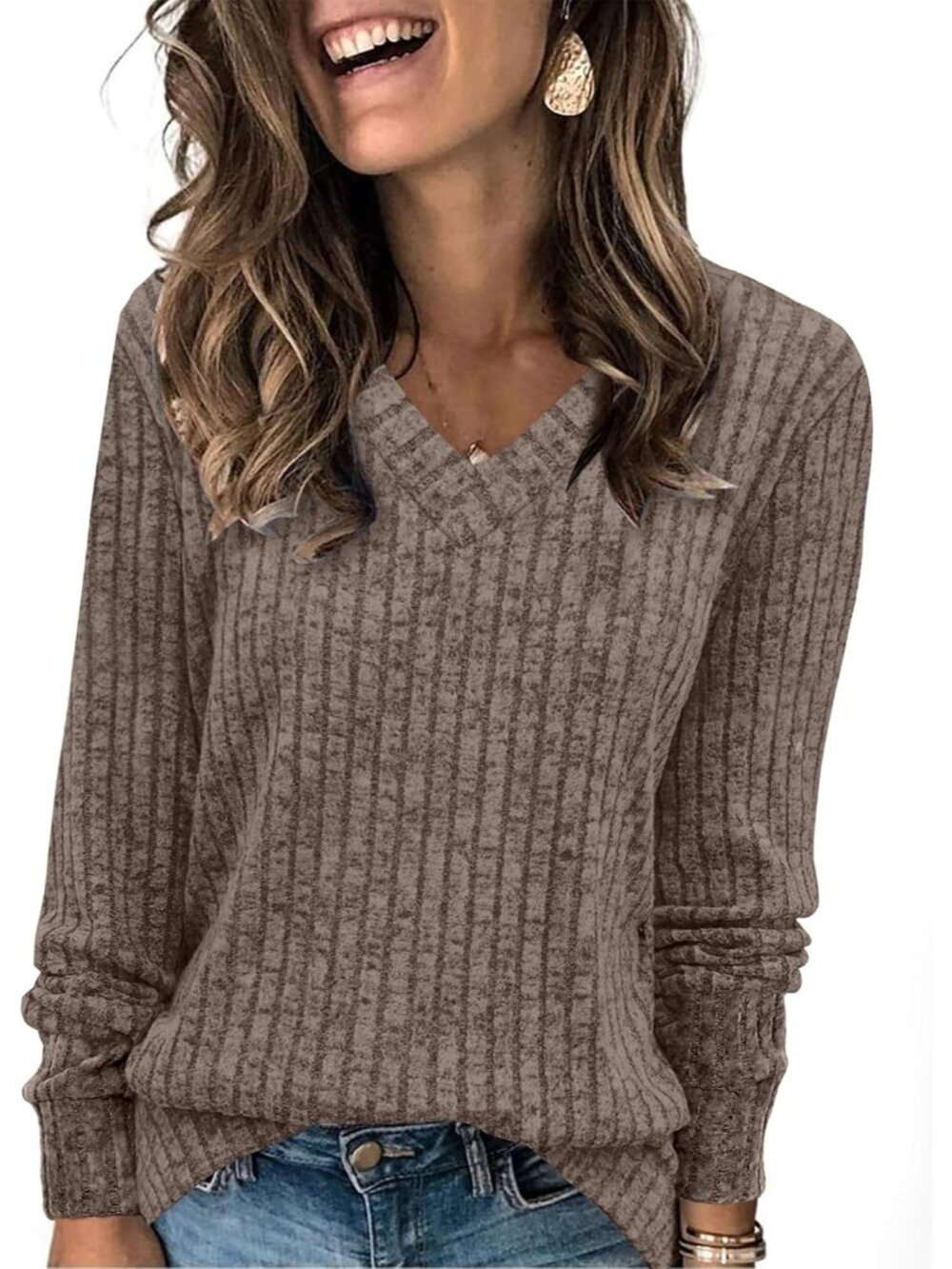 Classic V-Neck Long Sleeve Tunic - Soft Lightweight Fall Sweater for Women